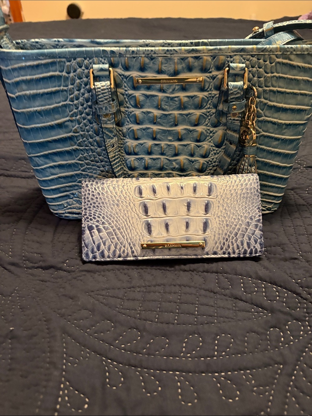 Brahmin Light Blue Croc-Embossed Tote with Matching Wallet